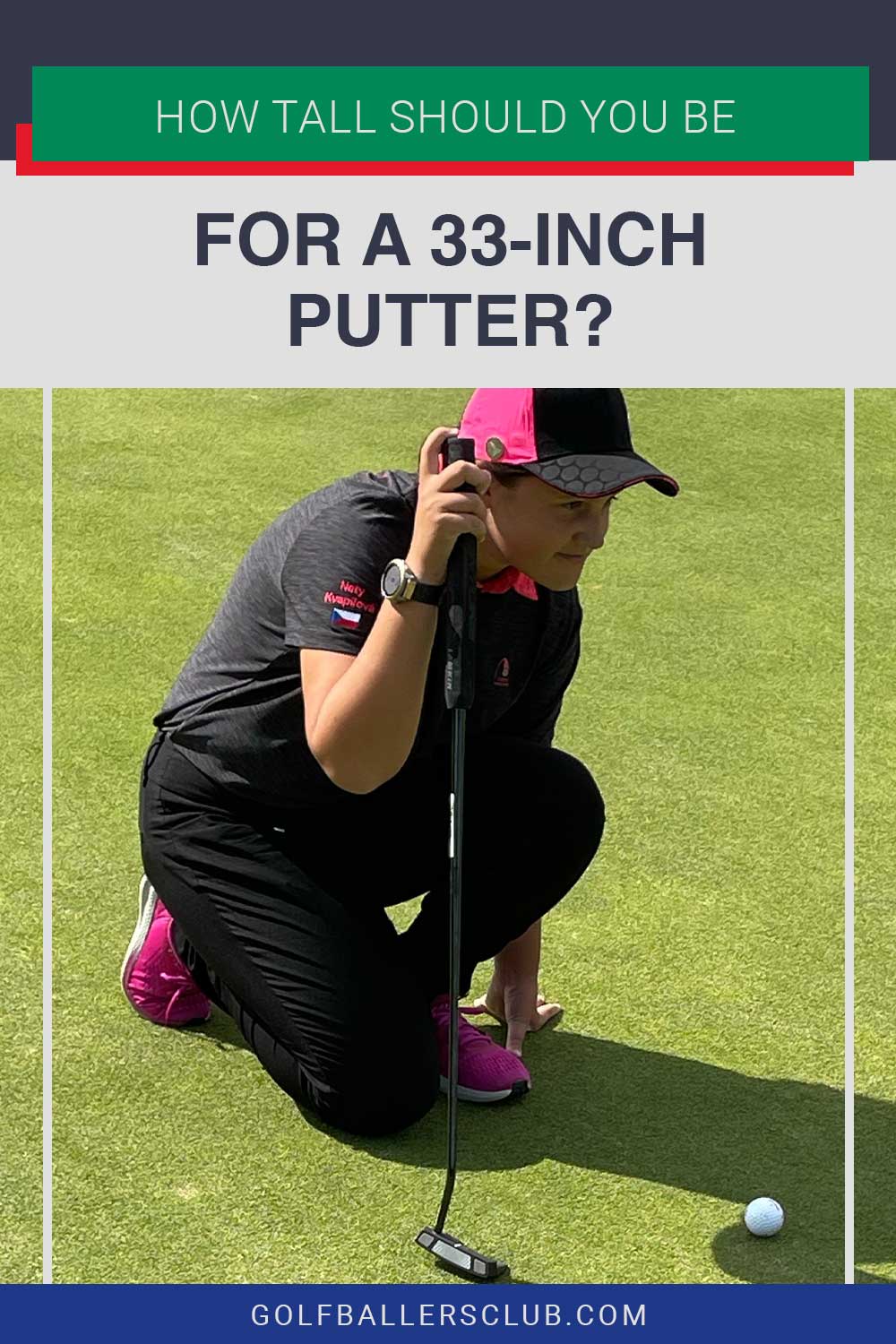 Woman with a putter measuring before taking a shot - How tall should you be for a 33-inch putter?