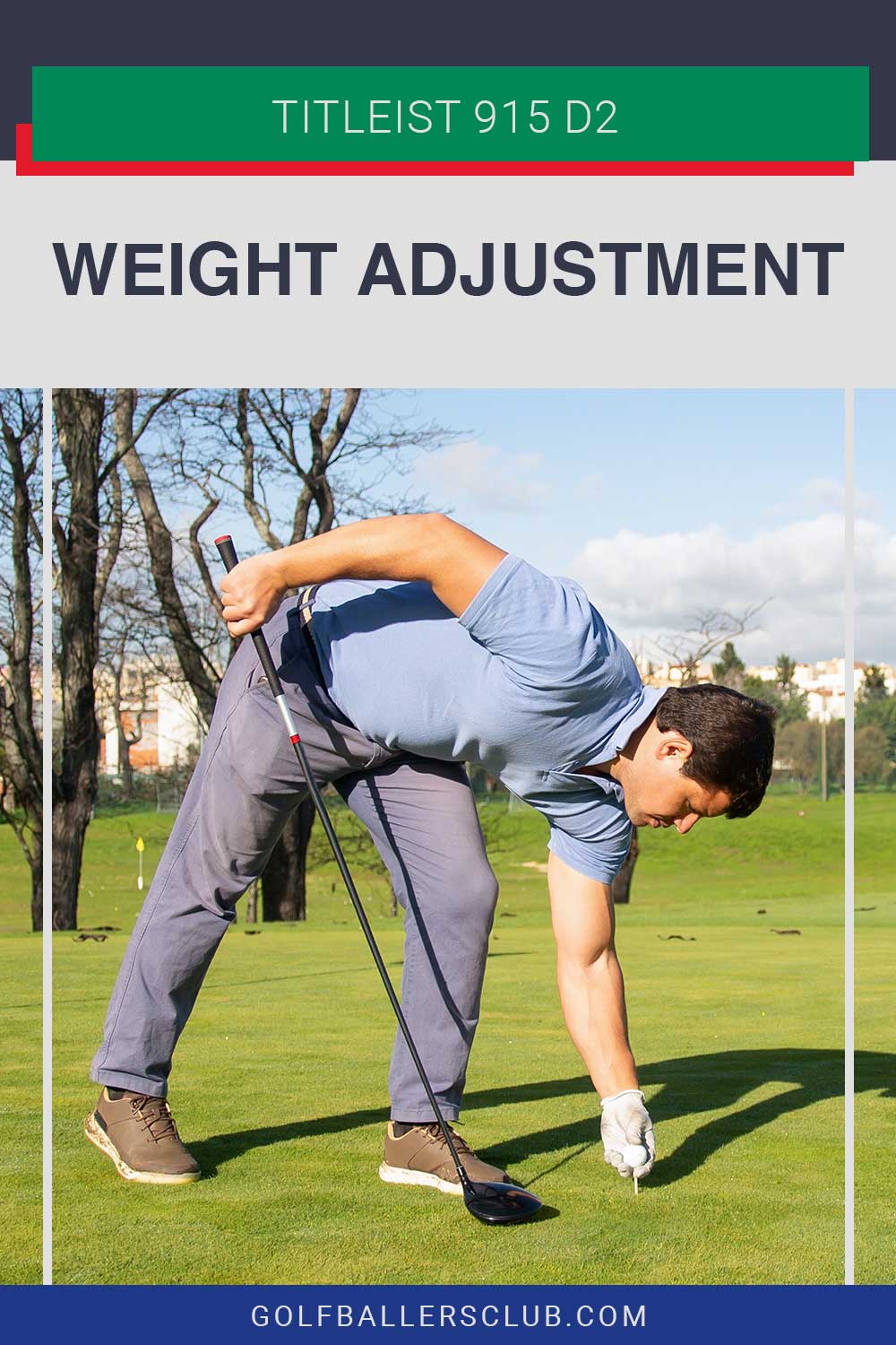 man placing a golf ball on tee - Titleist 915 D2 weight adjustment.