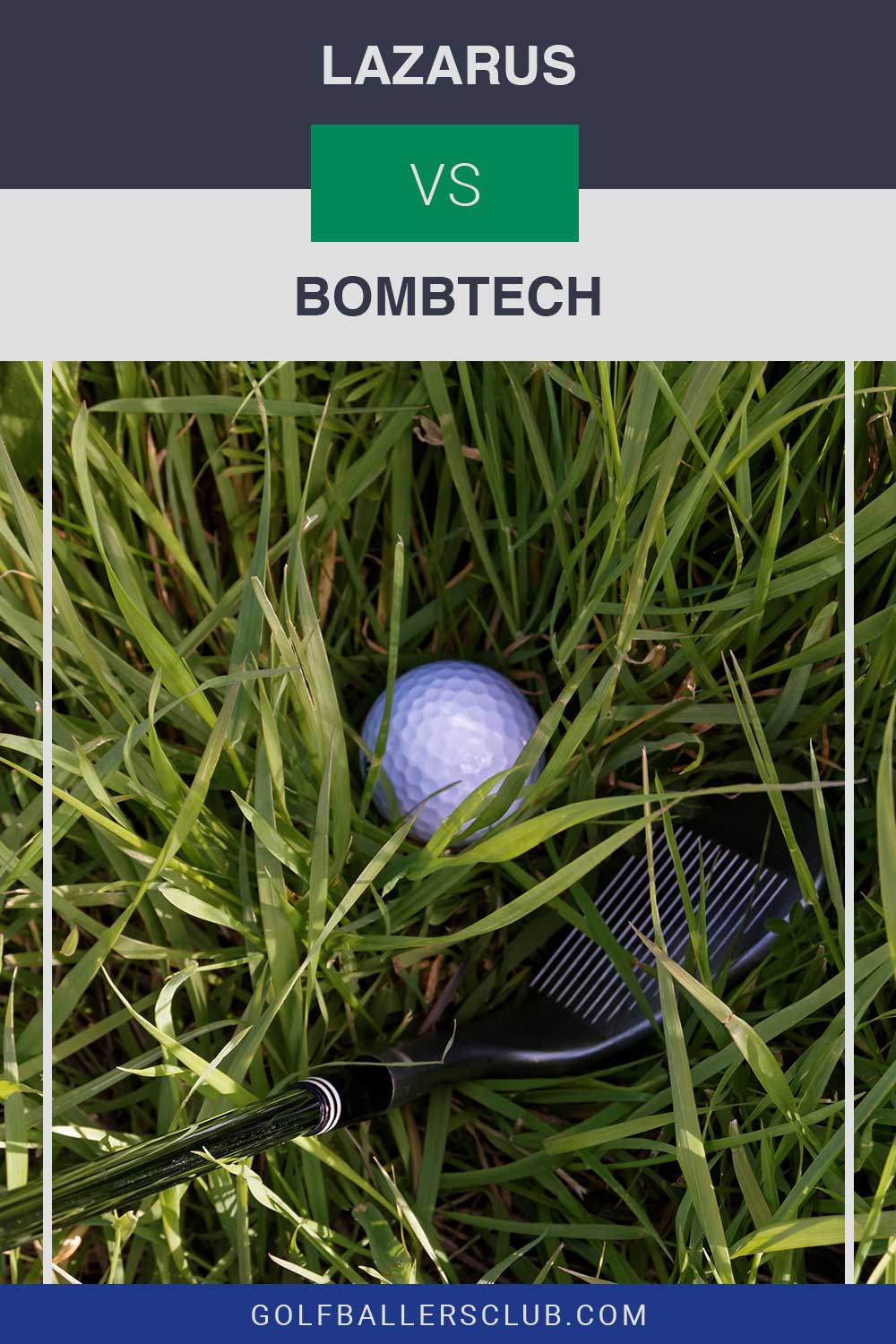 A black golf iron with a golf ball on grass - Lazarus vs. Bombtech.