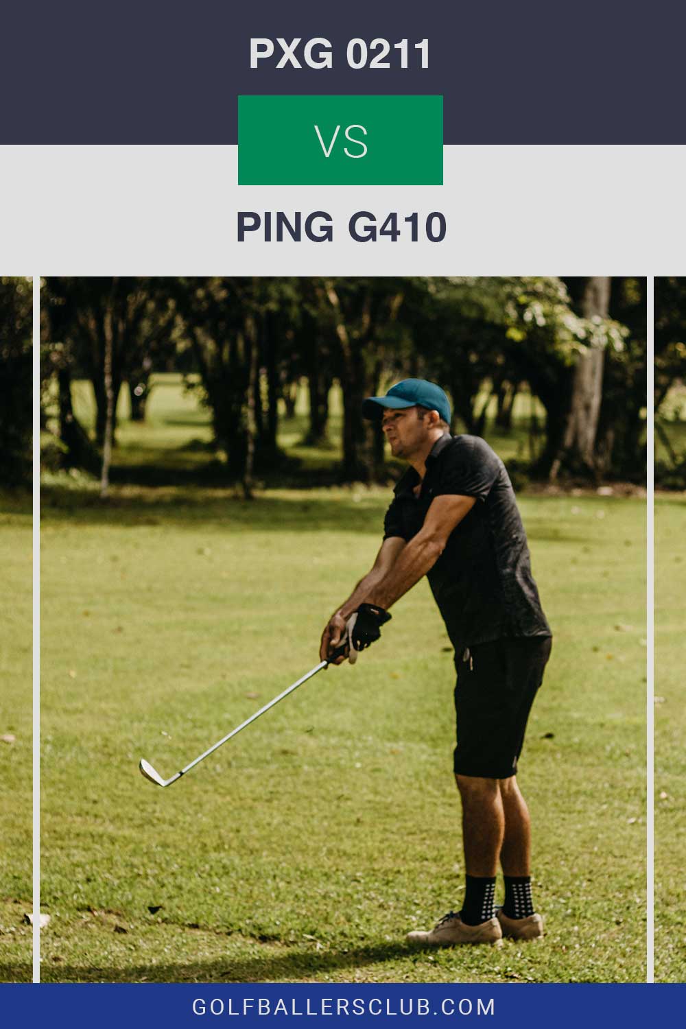 Man in black polo took a shot on a golf course - PXG 0211 vs. PING g410.