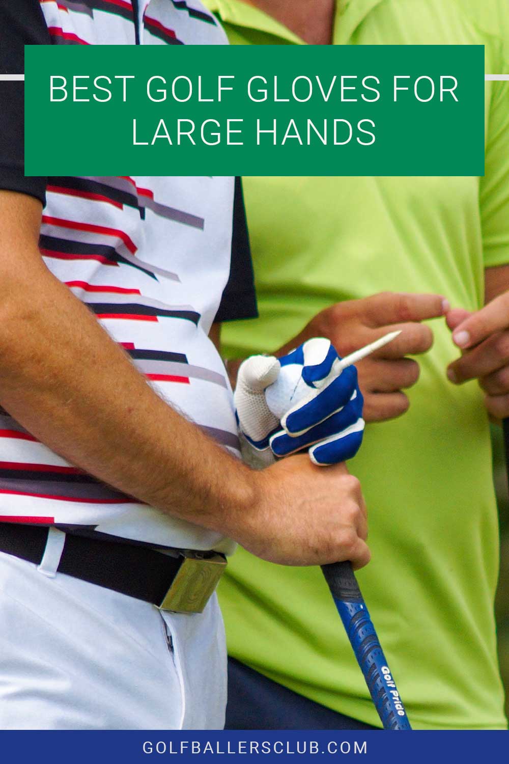 Person with a golf ball and a club in hand standing near another person - Best Golf Gloves For Large Hands.