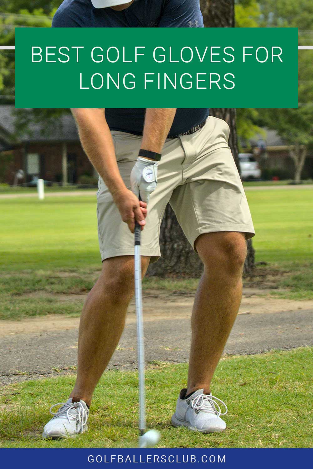 Man wearing white sneakers taking a shot on a golf course - Best Golf Gloves for Long Fingers.